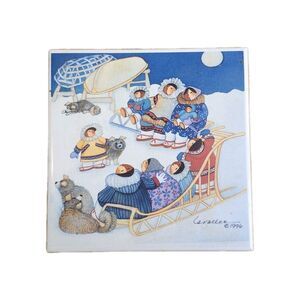 Barbara Lavallee Eskimo Ceramic Tile Trivet Wall Hanging Dog Sled 1996 READ